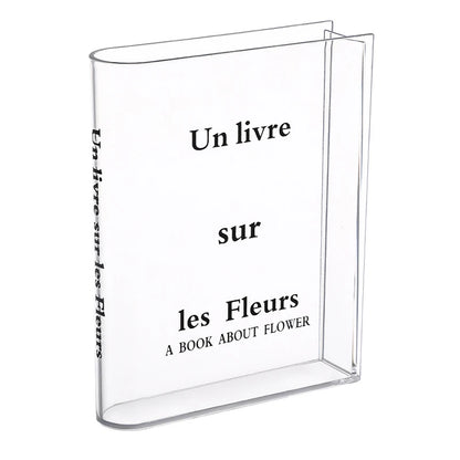 Two clear acrylic book vases in styles A and B displayed side by side for comparison