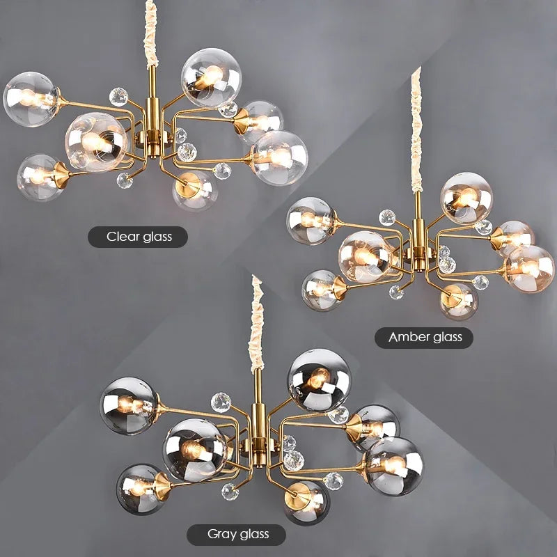 Ten globe bubble chandelier with amber glass and a contemporary chrome finish