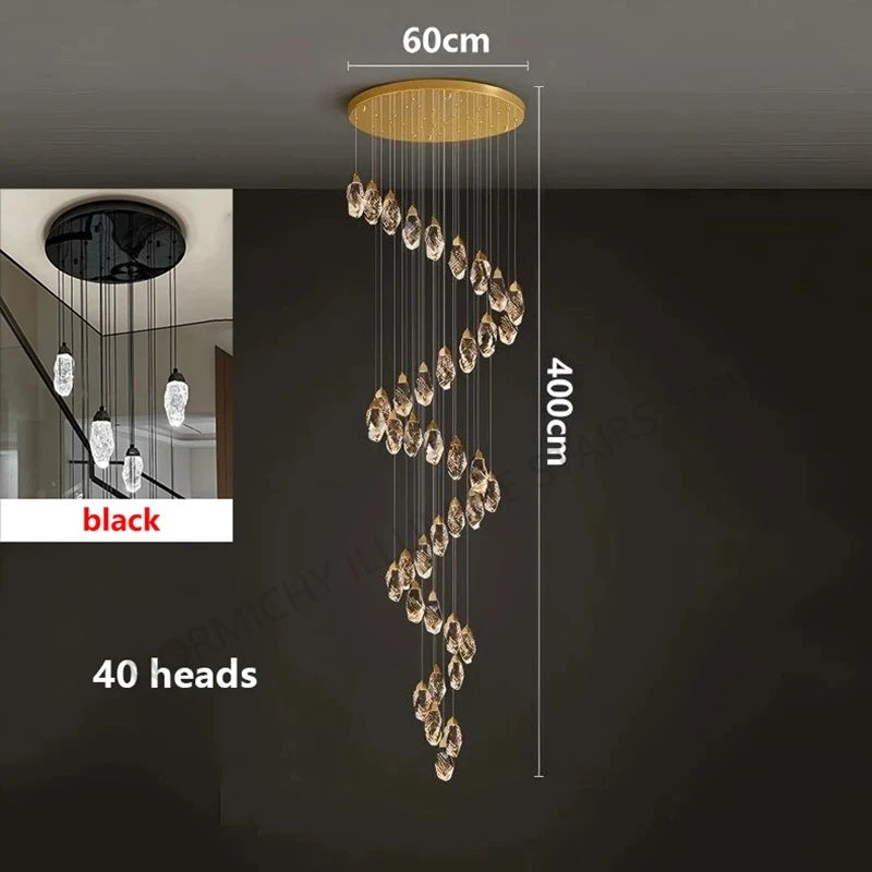 White 6000K light across the crystal strands of a stair chandelier