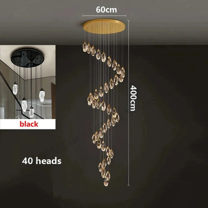 White 6000K light across the crystal strands of a stair chandelier