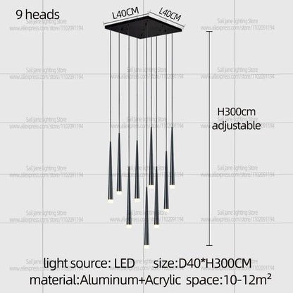 White light across the acrylic diffusers of a black rod chandelier