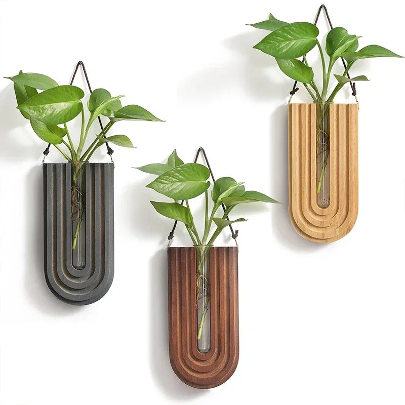 Wooden wall mounted hanging vase hydroponic plant rack home décor
