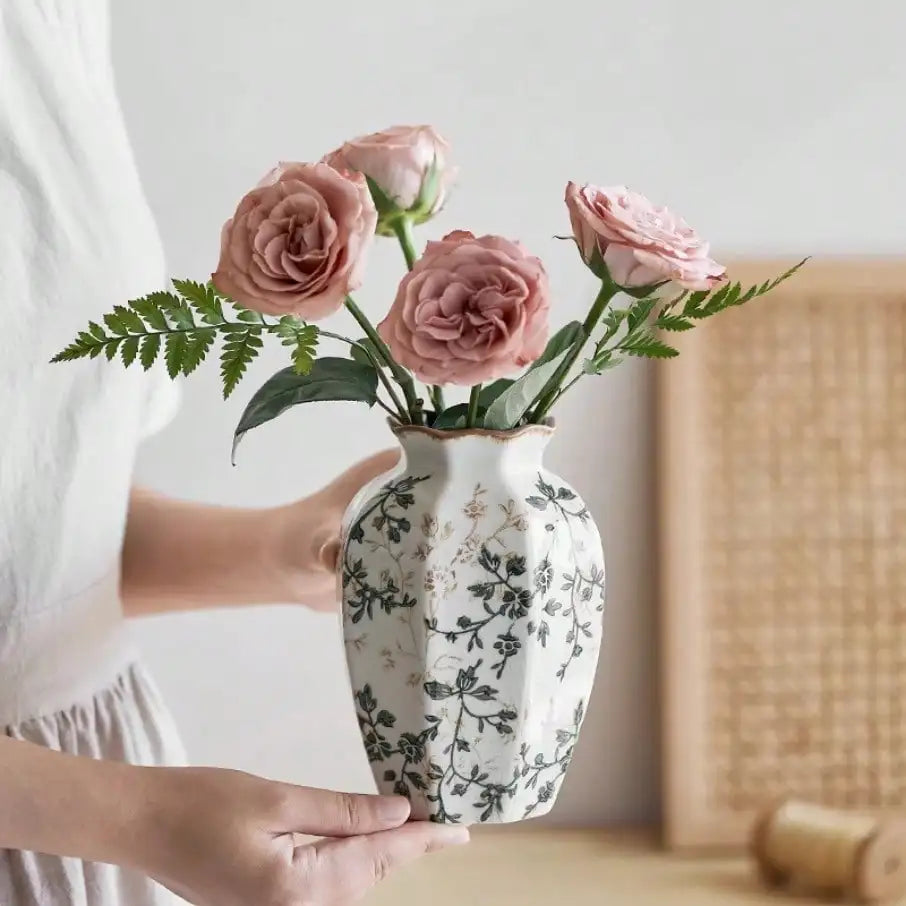 Ice cracked ceramic vase antique blue Zen style for dried flowers