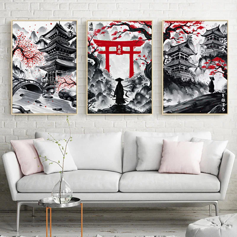Japanese Ink Landscape 3-Piece Canvas Wall Art Set