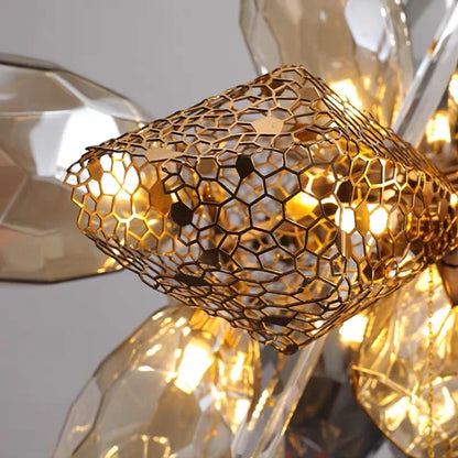 Electro-plated metal chandelier in gold with warm white G9 LED bulbs