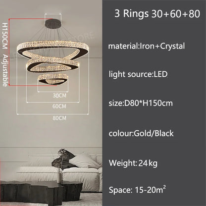 Cool white light across the crystal rings of a chandelier