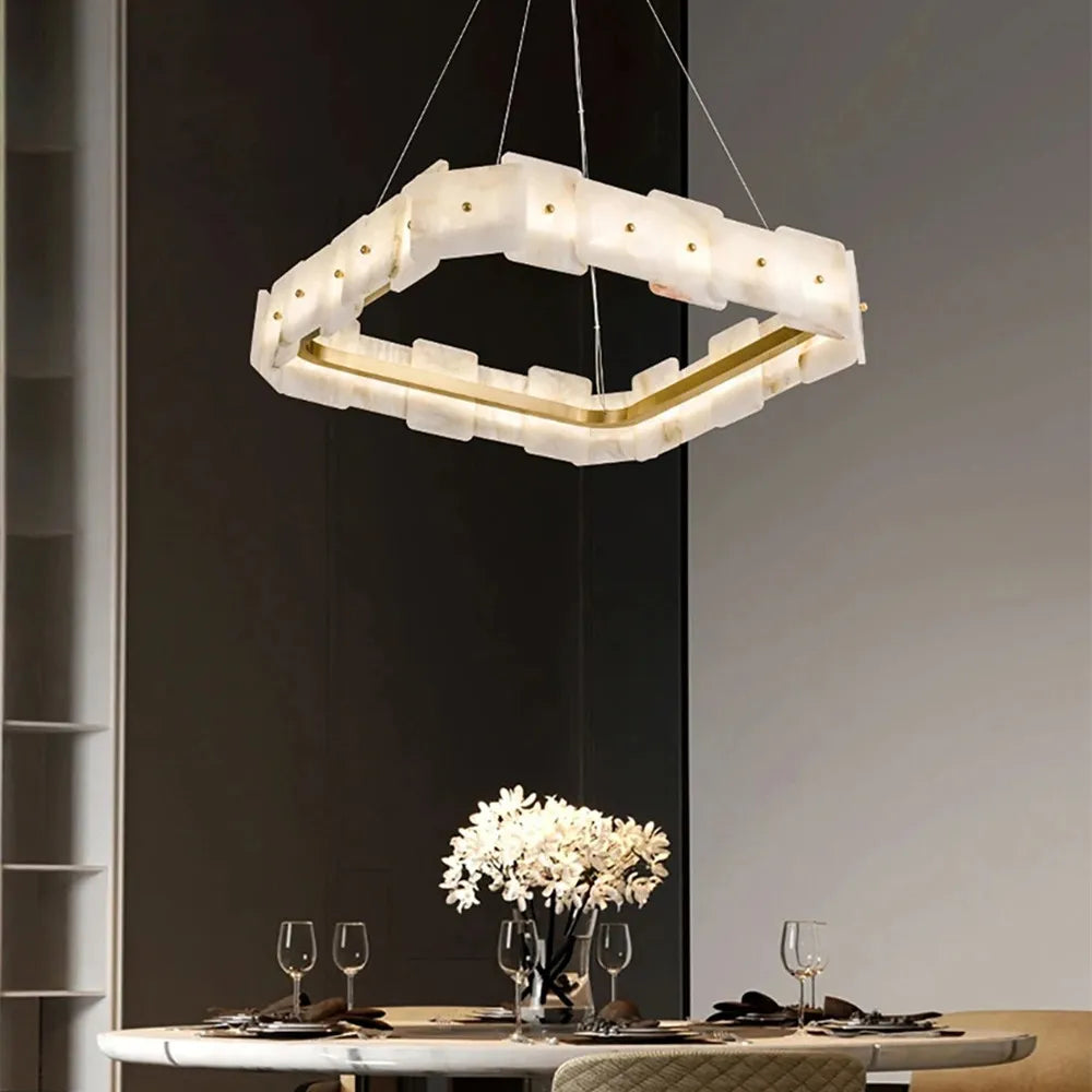 Linear marble chandelier at 37.4 in length on a cord pendant