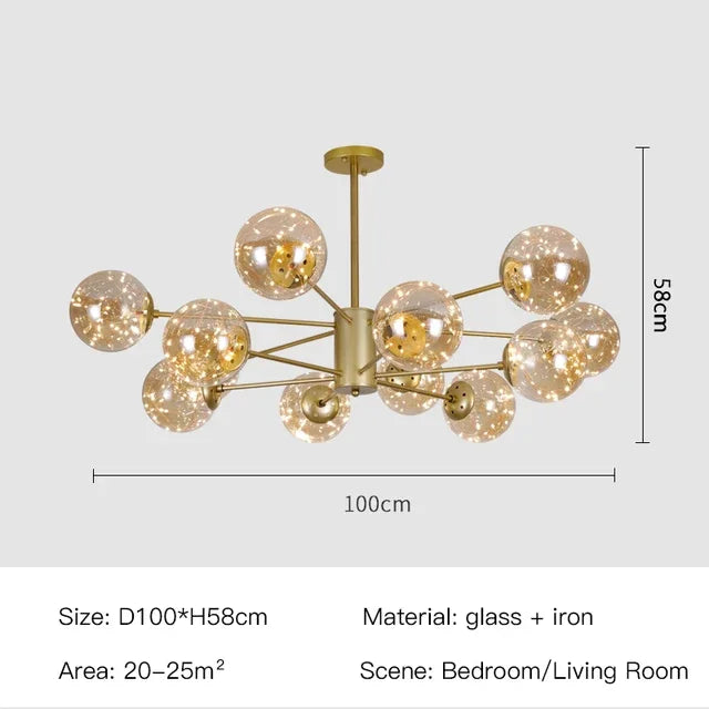 Modern glass ball chandelier with a forged iron frame in gold finish
