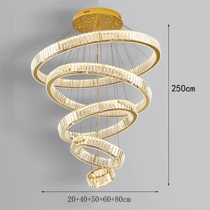 Concentric crystal rings stacked on a tiered iron chandelier frame