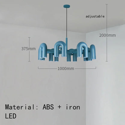 Repeating U bend detail on a minimalist iron chandelier in grey