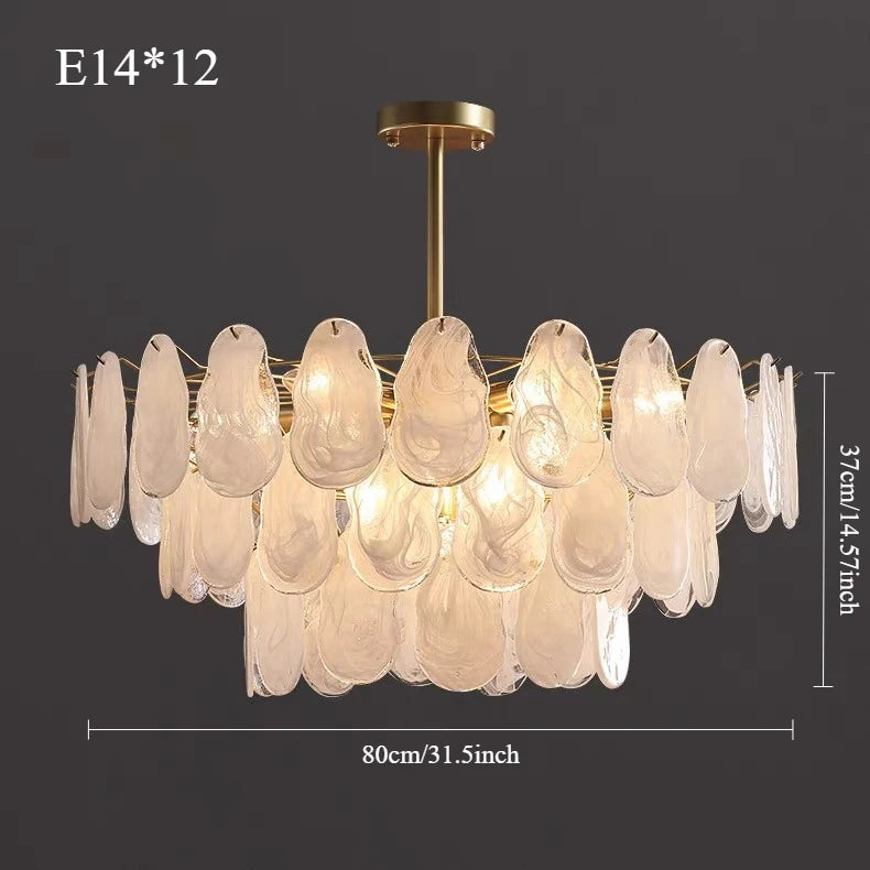 Linear tiered glass chandelier 31.5 in long on a polished gold body