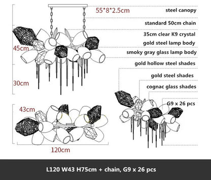Non-dimmable glass chandelier on a plated frame, 90 to 260V operation