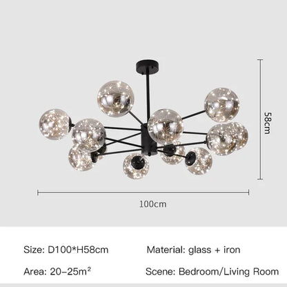 Glass ball chandelier lit in cool white with a black iron frame