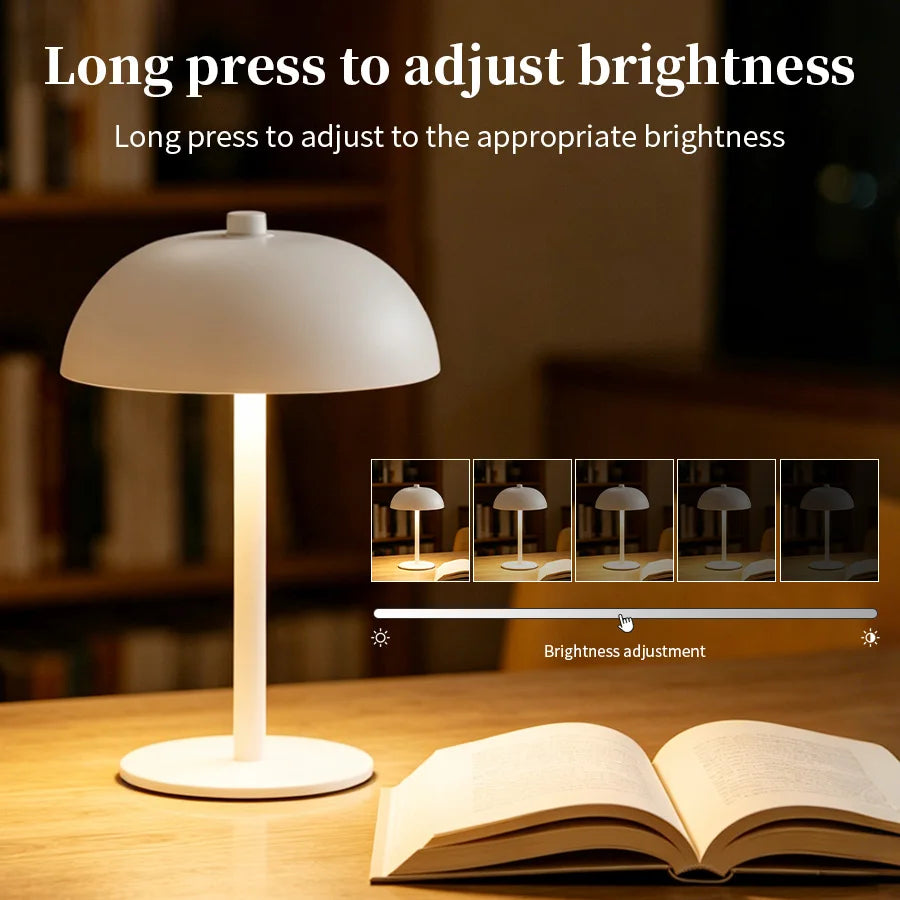 Gold mushroom night light warm mode glowing on bedroom nightstand