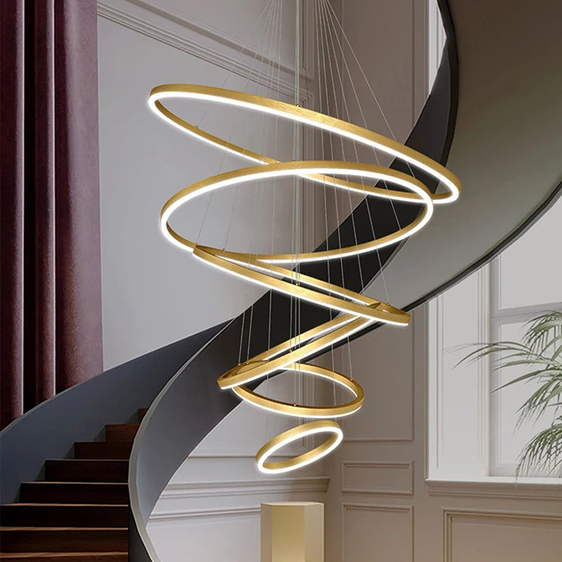Coffee color ring staircase chandelier with three acrylic rings
