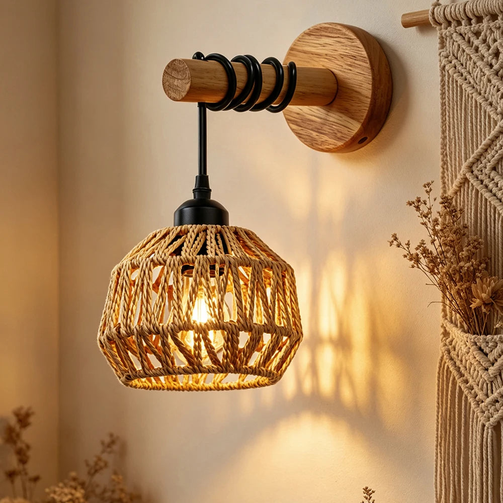 rattan wall sconce, front view on white background