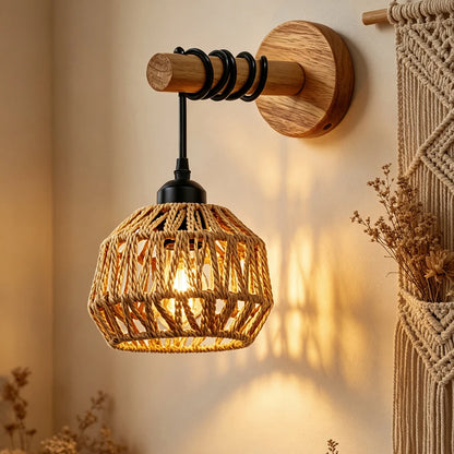 rattan wall sconce, front view on white background