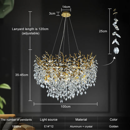 Gold crystal chandelier, 31.5 inch round, with warm light 3000K bulbs