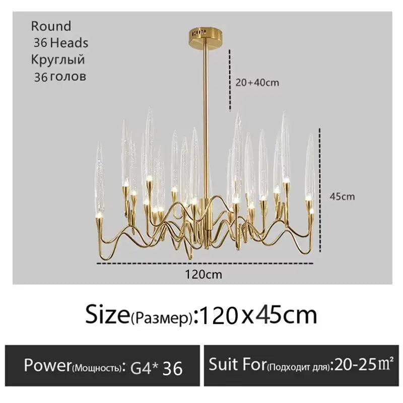 Crystal branch chandelier with warm 3000K light for dining tables