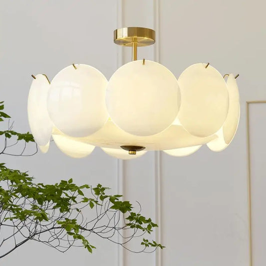 French vintage glass chandelier with six shades on a polished metal frame