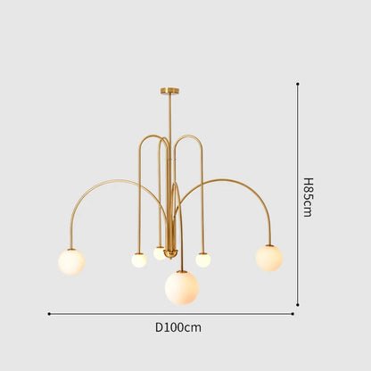 Curved iron chandelier arm with downward facing frosted glass globes