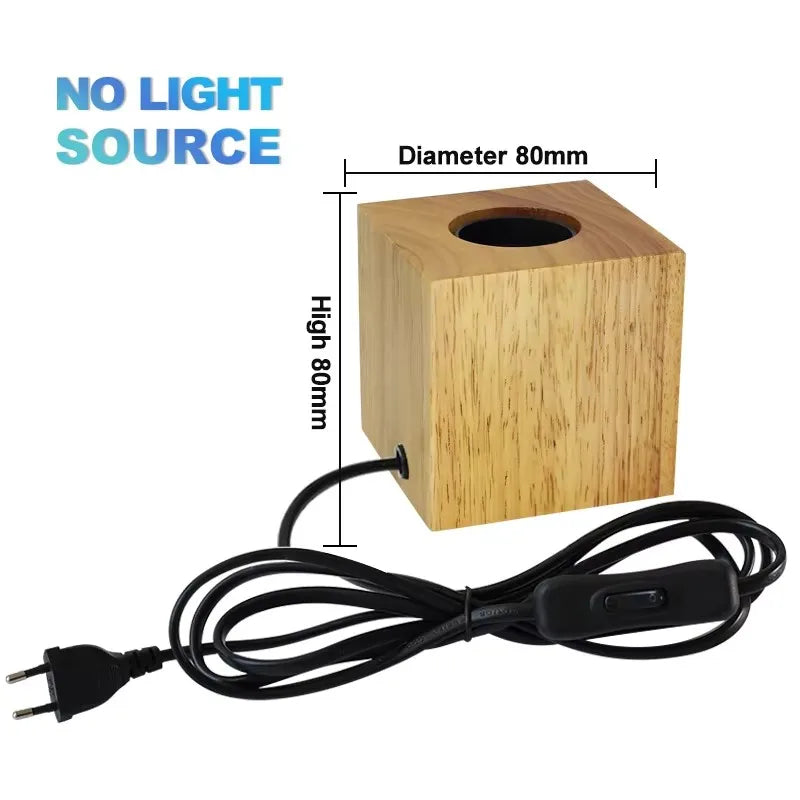 Retro wood art table lamp switched off showing decorative wooden base