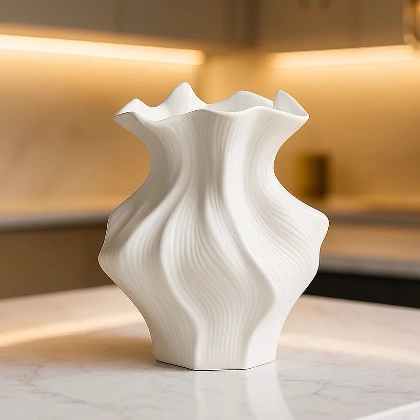 Nordic white textured ceramic vase 3D wave pattern tabletop décor
