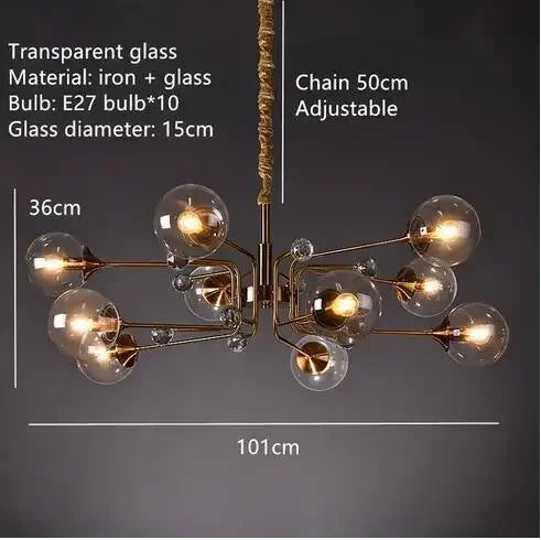 Bubble chandelier with staggered clear glass globes and a touch on off switch