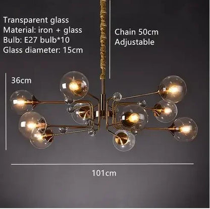 Bubble chandelier with staggered clear glass globes and a touch on off switch