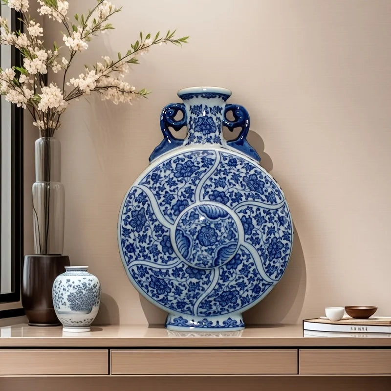 Handcrafted porcelain blue white floral Chinese antique moon vase