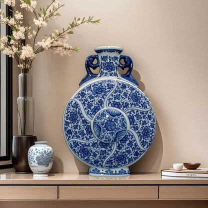 Handcrafted porcelain blue white floral Chinese antique moon vase