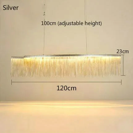 Silver chain chandelier, 100 by 40 cm linear form, on an iron frame