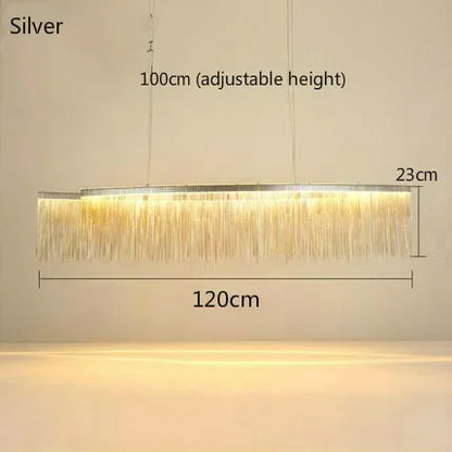 Silver chain chandelier, 100 by 40 cm linear form, on an iron frame