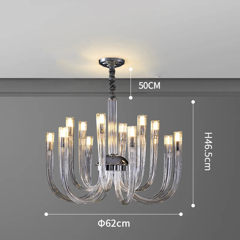 Crystal ring chandelier seen from below with iron frame and warm white light