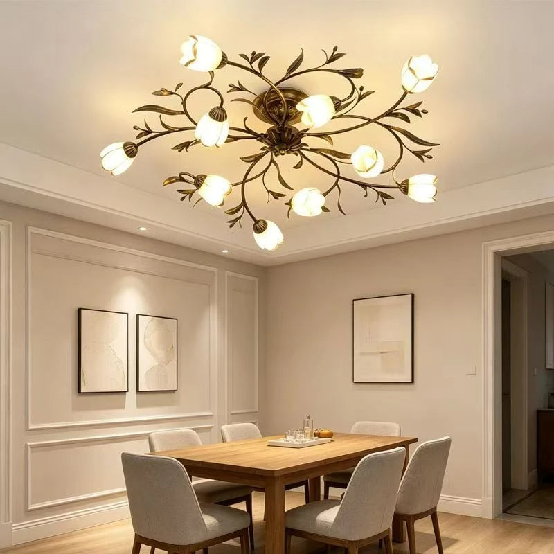 Ten head glass flower chandelier in dark grey painted iron with E14 LED bulbs