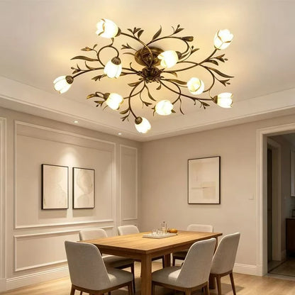 Ten head glass flower chandelier in dark grey painted iron with E14 LED bulbs