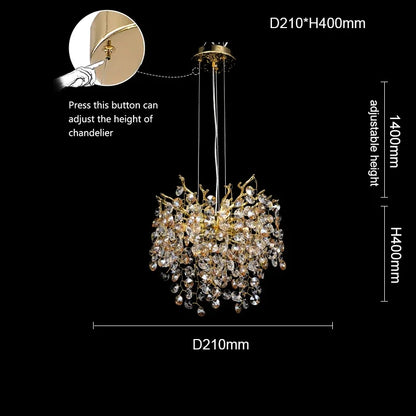 Crystal branch chandelier in gold with G9 LED sockets and 90 to 260V operation