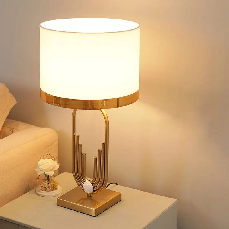 Fabric lampshade copper table lamp side profile full silhouette view