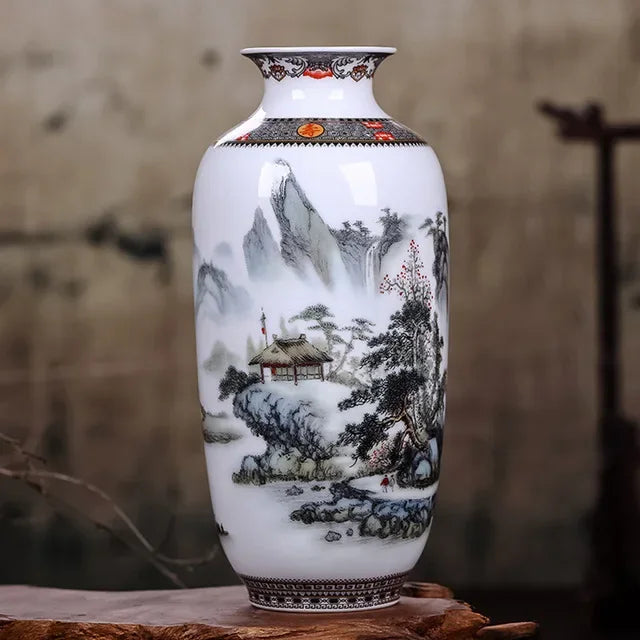 Jingdezhen style vase styled on a chinoiserie-inspired display shelf with books