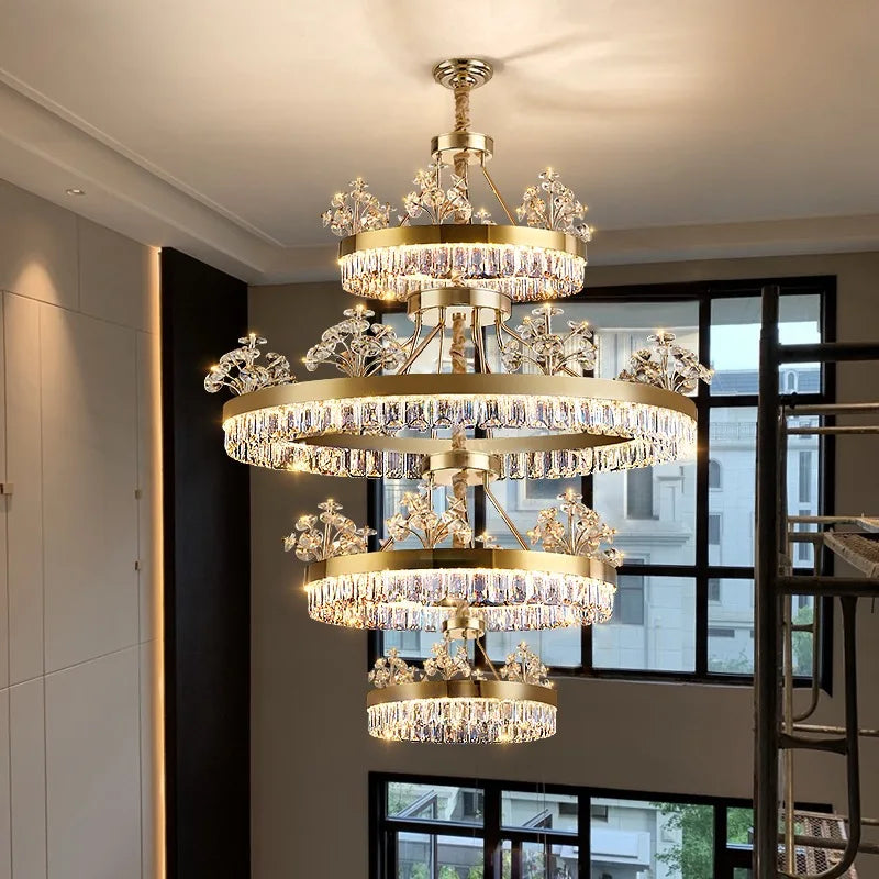 Round crystal chandelier, 23.6 in across, hung on a cord pendant