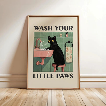 Wash Your Paws Black Cat Bathroom Canvas Wall Art