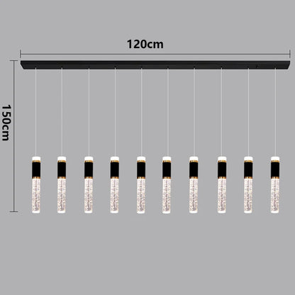 Brushed steel bar carrying crystal chandelier heads on cords