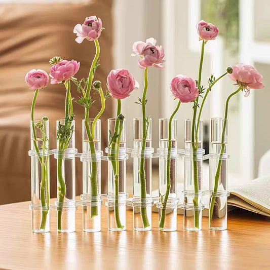 Set of 6 hinged glass test tube vases for hanging floral display
