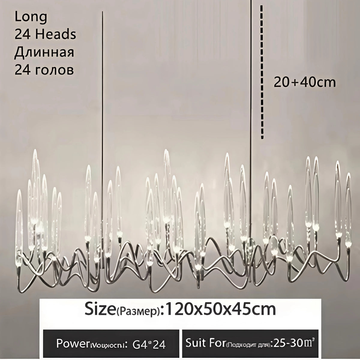 Linear crystal chandelier at 39.4 in length with 20 crystal heads