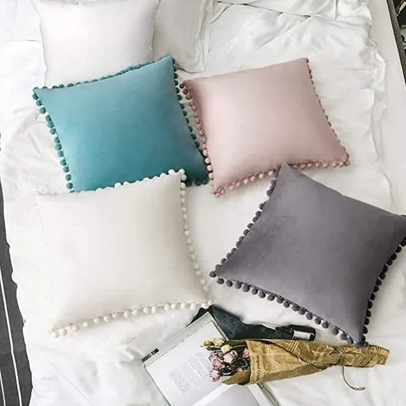 Velvet Pom-Pom Throw Pillow Cover — styling detail