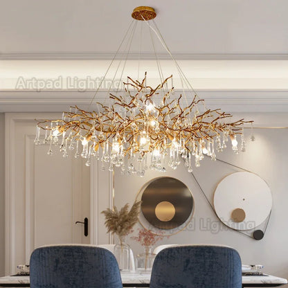 Gold branch crystal chandelier, 59.1 inches wide, with G9 LEDs included