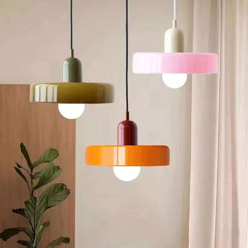 Nordic retro glass chandelier with a compact tinted shade on iron