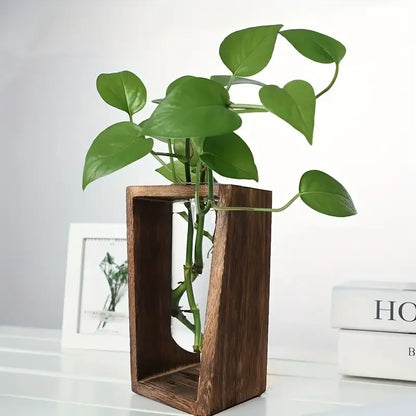 Retro natural wood propagation station on light oak Japandi desk surface