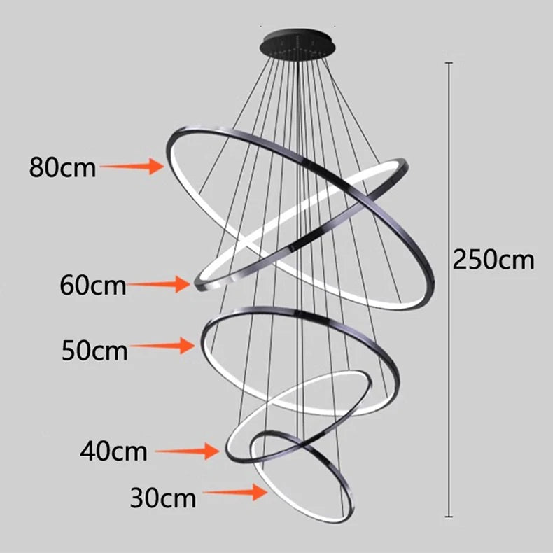 Six ring chandelier in black with rings from 11.8 to 39.4 inches across