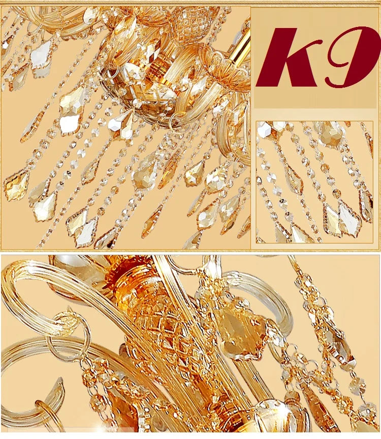 Transparent silver crystal chandelier lit in warm white light